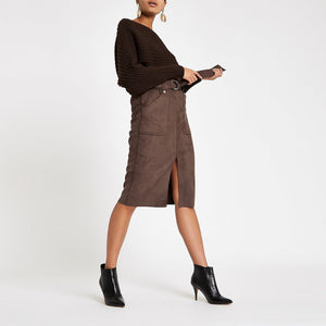 Brown paperbag waist pencil skirt